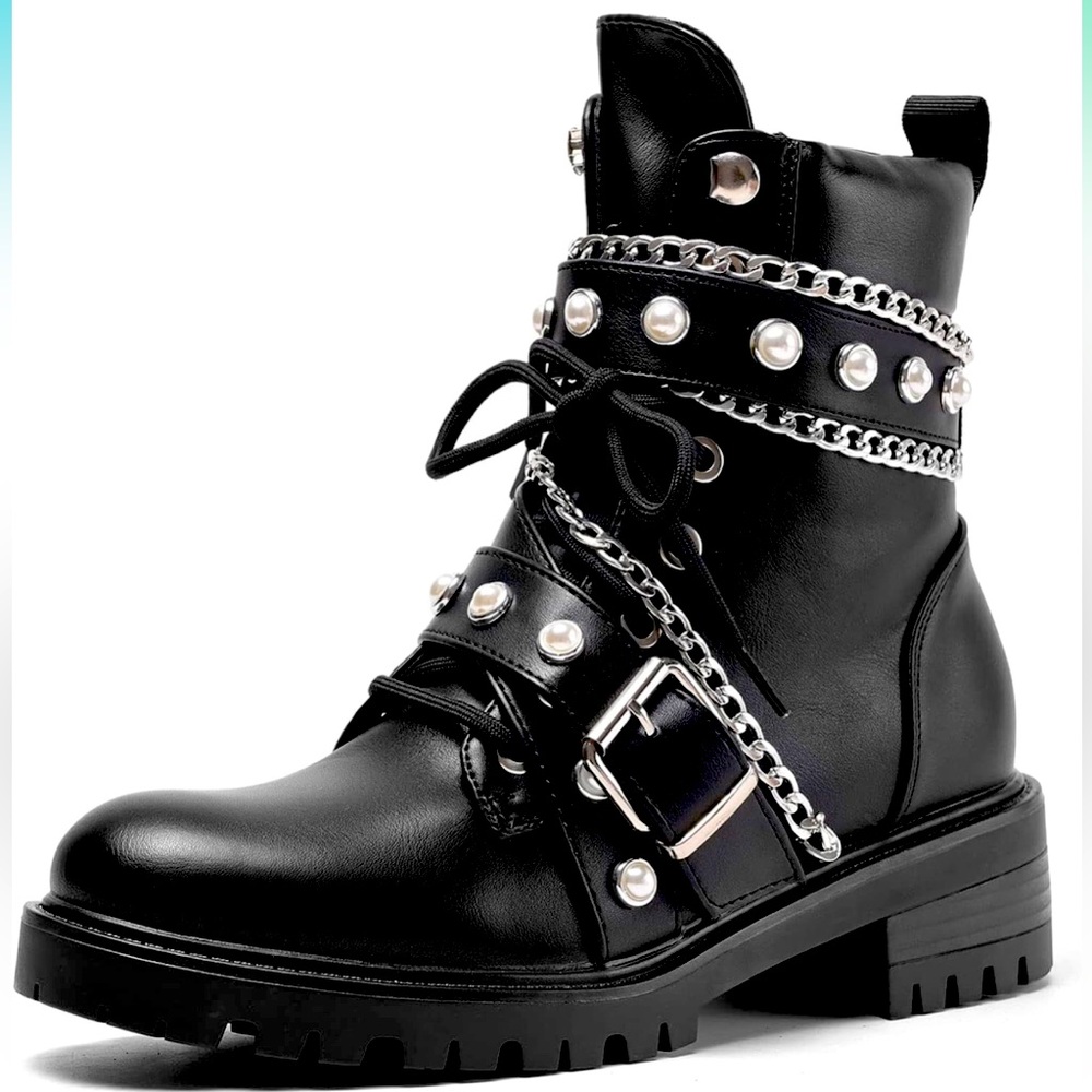 Studded-Chunky heel-Combat Ankle Boots for Women-Size 7